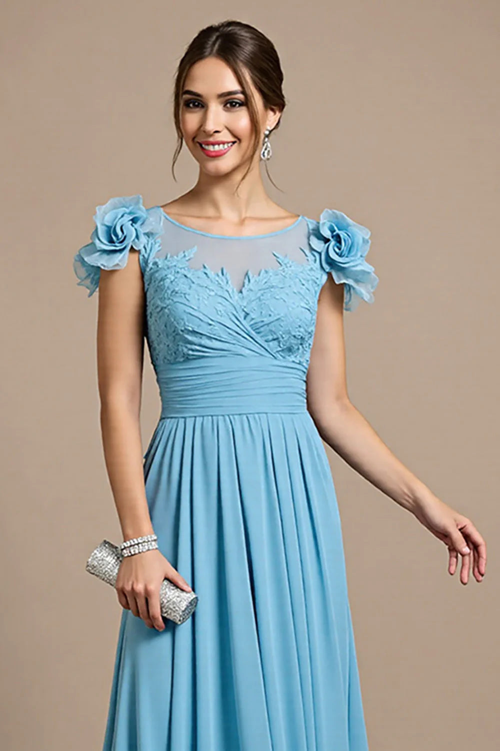 Sky Blue Chiffon Long Floral Full Of Charm Mother of the Bride Dresses